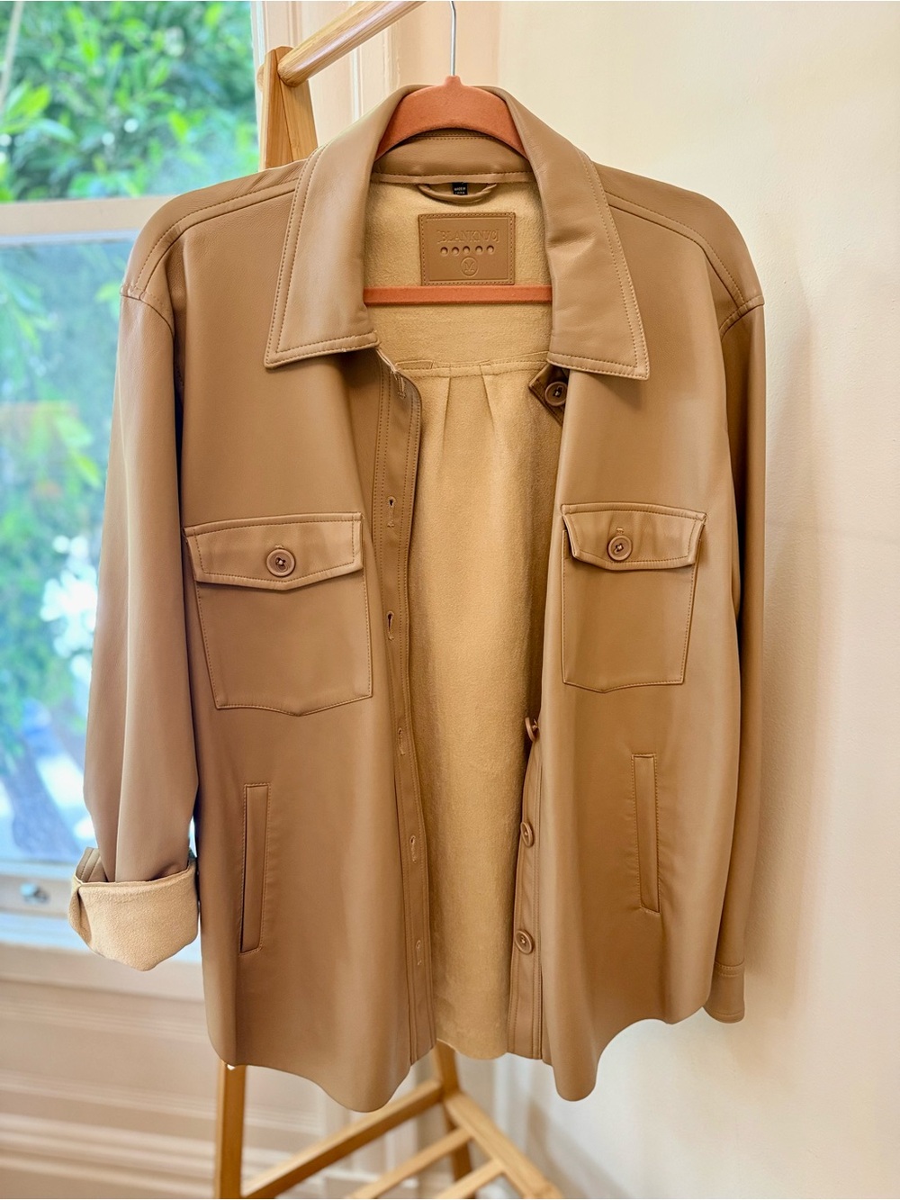 Blank NYC Women's Tan Leather Shacket with Cream Lining